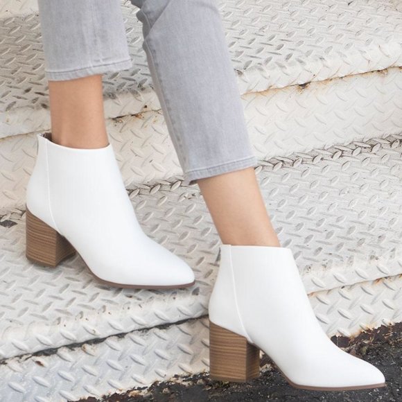 New White Point Toe Chunky Heel Ankle Boots Booties - Picture 4 of 4